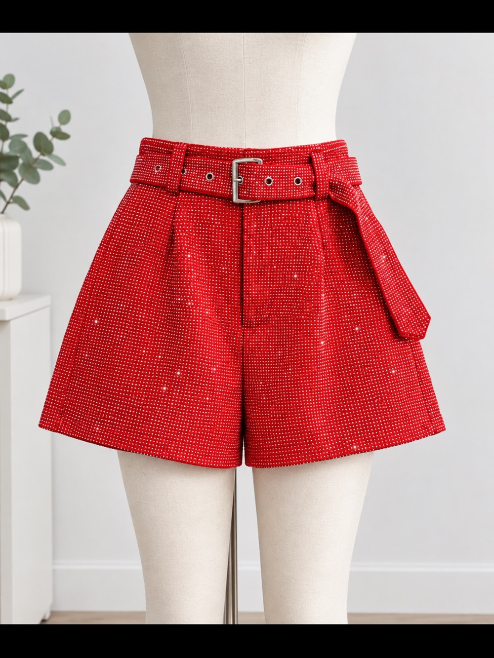 High-Waist Red Belted Women’s Shorts